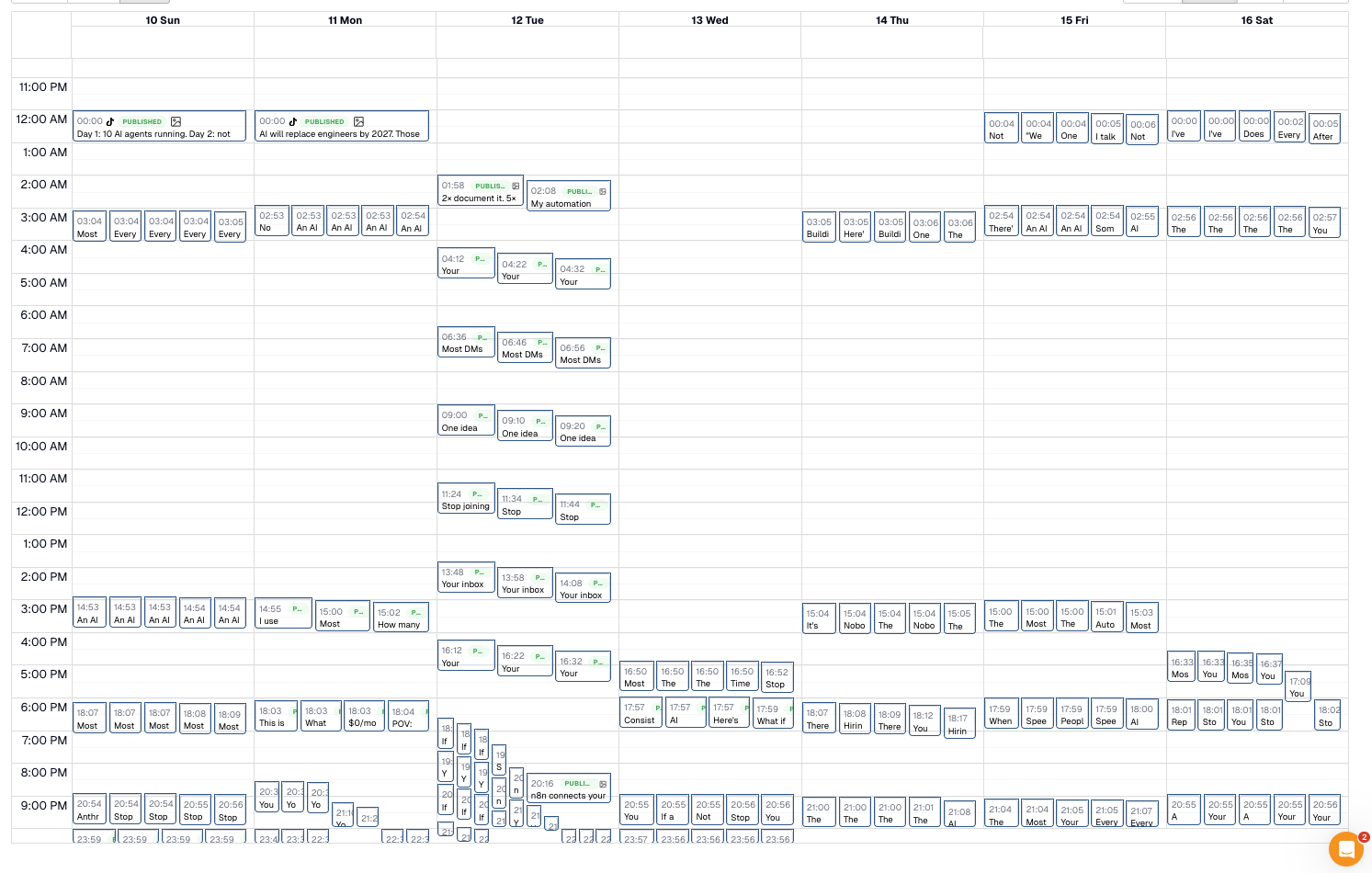 Screenshot of Robin's Blotato scheduled posts calendar showing a full week of pre-scheduled reels across multiple time slots and channels